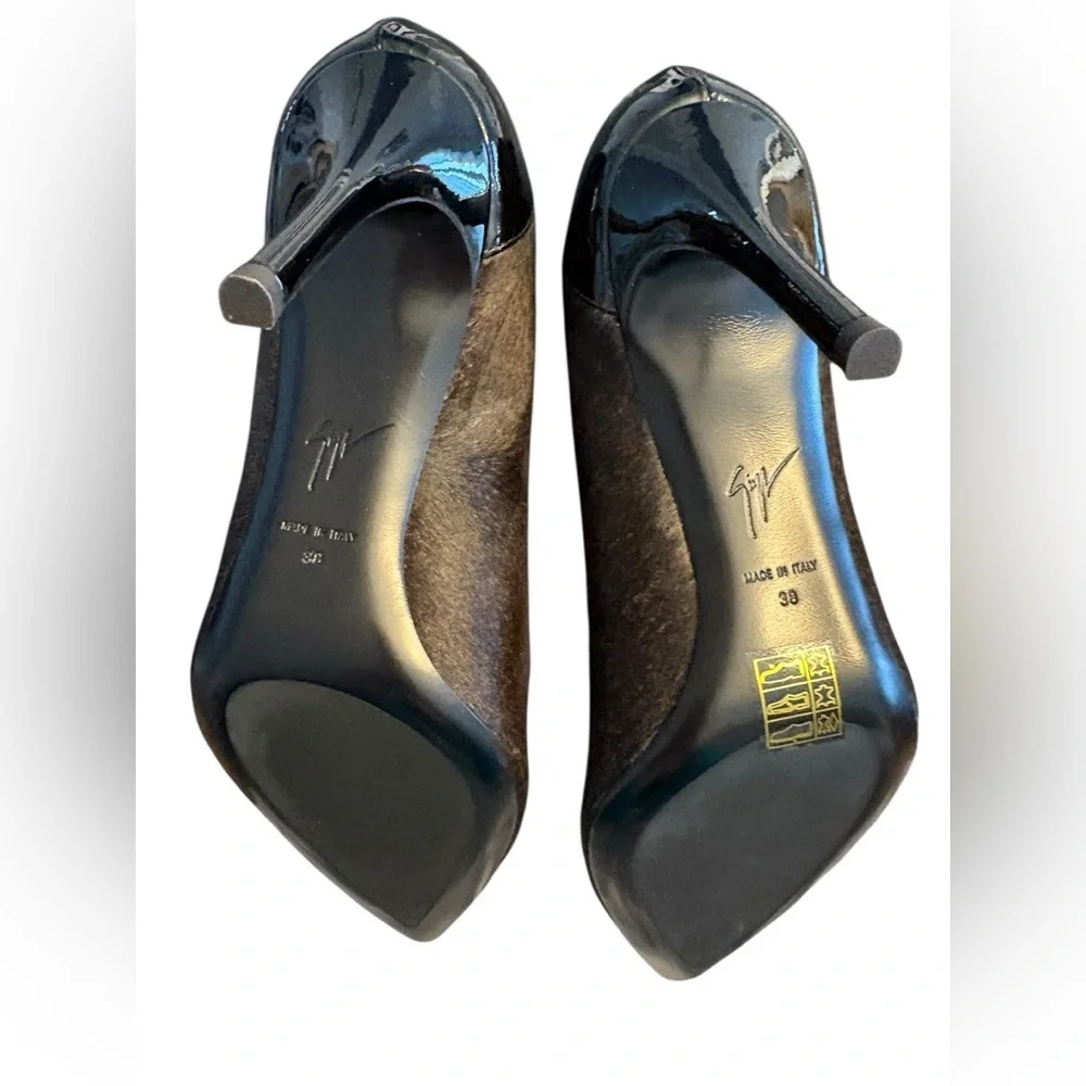 Giuseppe Zanotti Black Patent Leather with Brown Calf Hair Heels - Picture 9 of 10